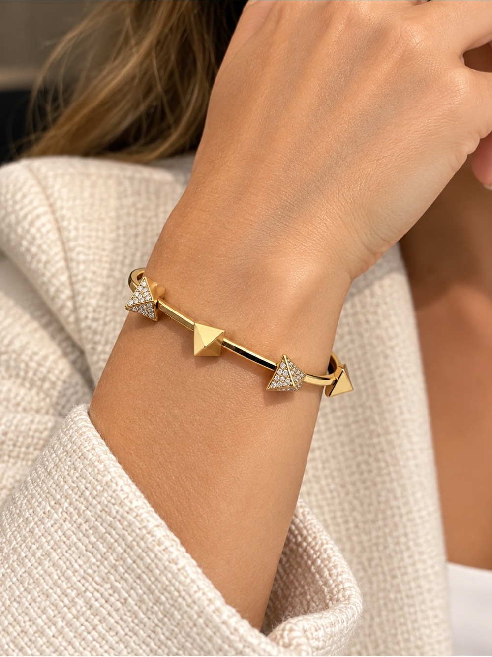nOir NYC Gold Pave Pyramid Stud Bangle Bracelet Statement Jewelry